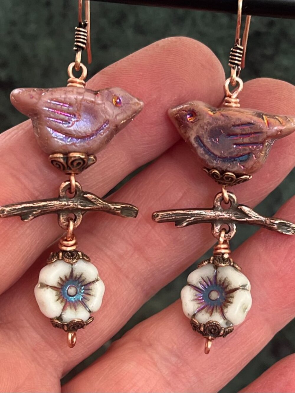 Whimsical Bird and Flower Earrings | Boho Nature Dangle Copper Earrings - Picture 5 of 9